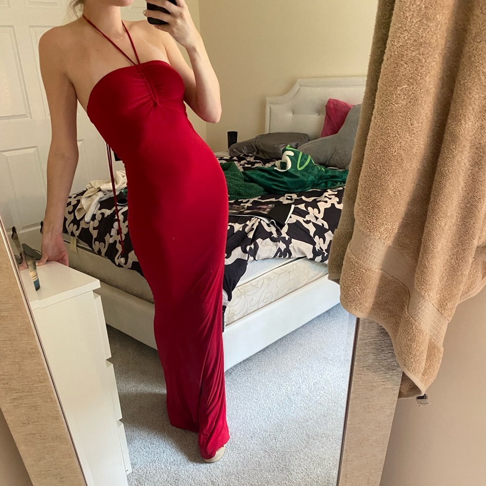 Red halter maxi dress